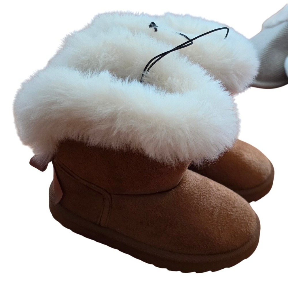 Toddler Girls Faux Suede Winter Boots Faux Fur Trim BowChestnut Brown 9/10